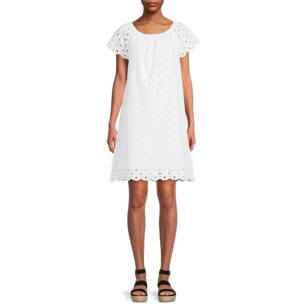 Time and Tru Women's Eyelet Dress with Short Sleeves - Walmart.com | Walmart (US)