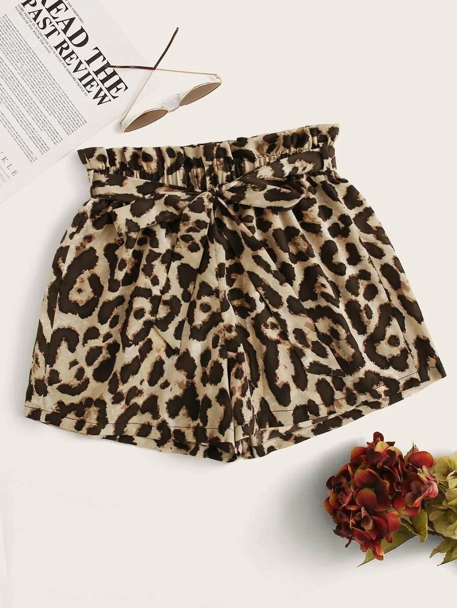 SHEIN Leopard Print Belted Paperbag Shorts | SHEIN