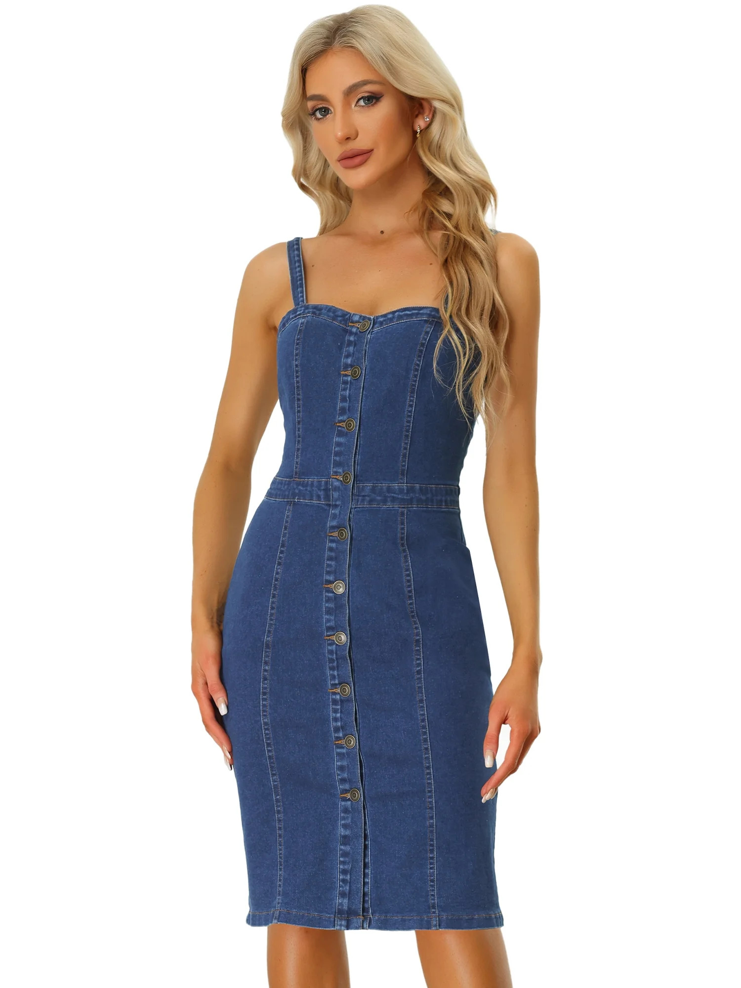 DARING DIVA Button Down Denim Sleeveless Sweetheart Neck Jean Dresses XS Blue | Walmart (US)
