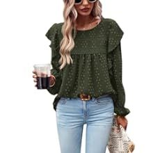 PRETTYGARDEN Women's Long Sleeve Blouses Ruffle Swiss Dot Crochet Loose Fit 2023 Fall Tunic Dress... | Amazon (US)