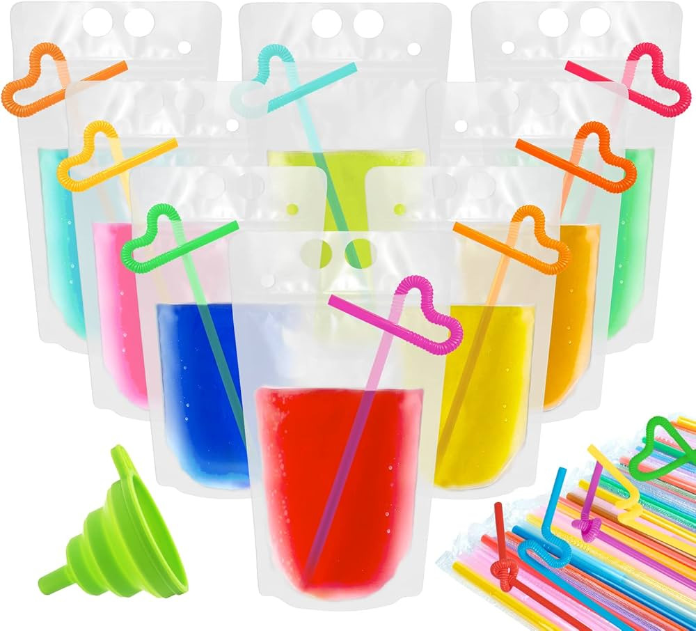 Drink Pouches, 100 Pcs Plastic Pouches with Straws Funnel, Reusable Clear Juice Pouches for Adult... | Amazon (US)