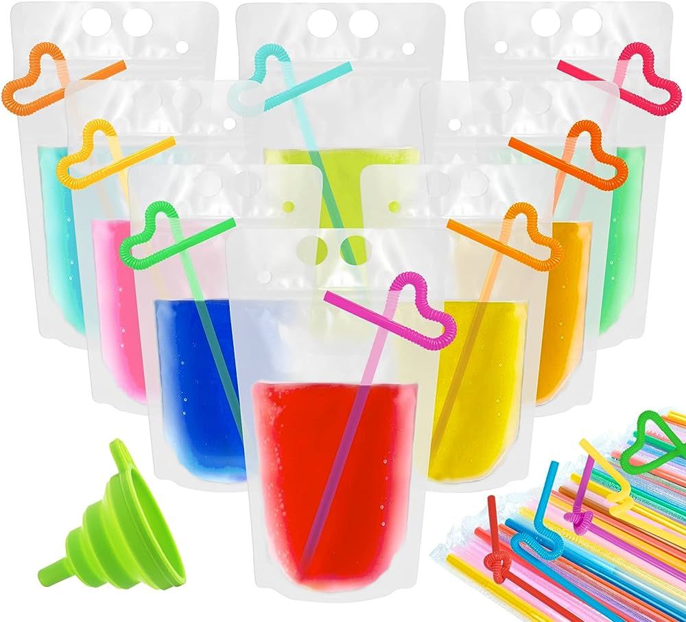 Ozera 100 Pcs Plastic Drink Pouches with Straws Funnel, Reusable Clear Juice Pouches for Adults F... | Amazon (US)