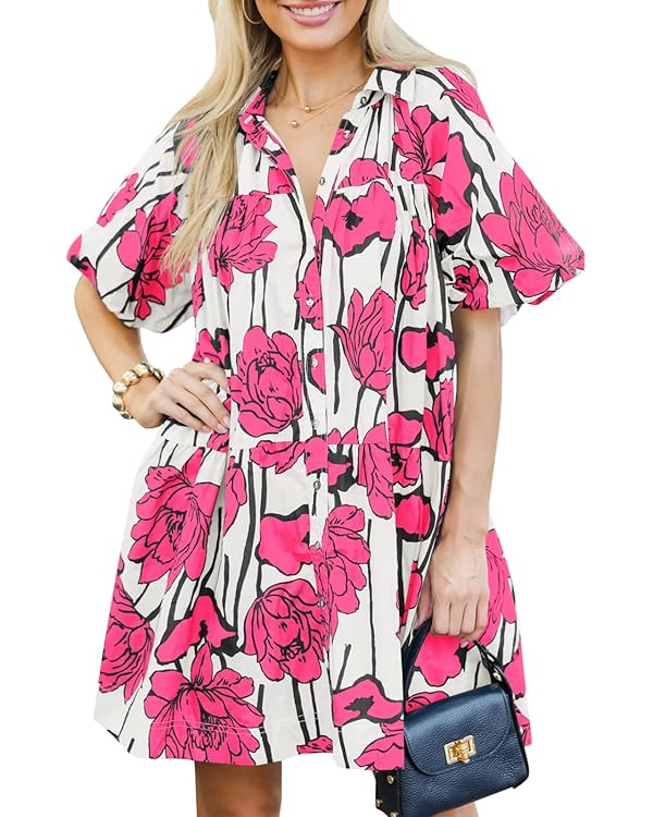 Wenrine Women's Summer Button Down Shirt Dress Floral Puff Short Sleeve Casual Loose Fit Beach Mi... | Amazon (US)
