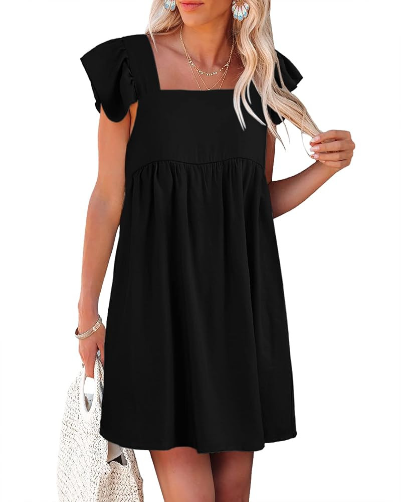 JayGate Women's Ruffle Sleeve Mini Dress Square Neck Swing Babydoll Loose Fit Casual Short Tank Dres | Amazon (US)