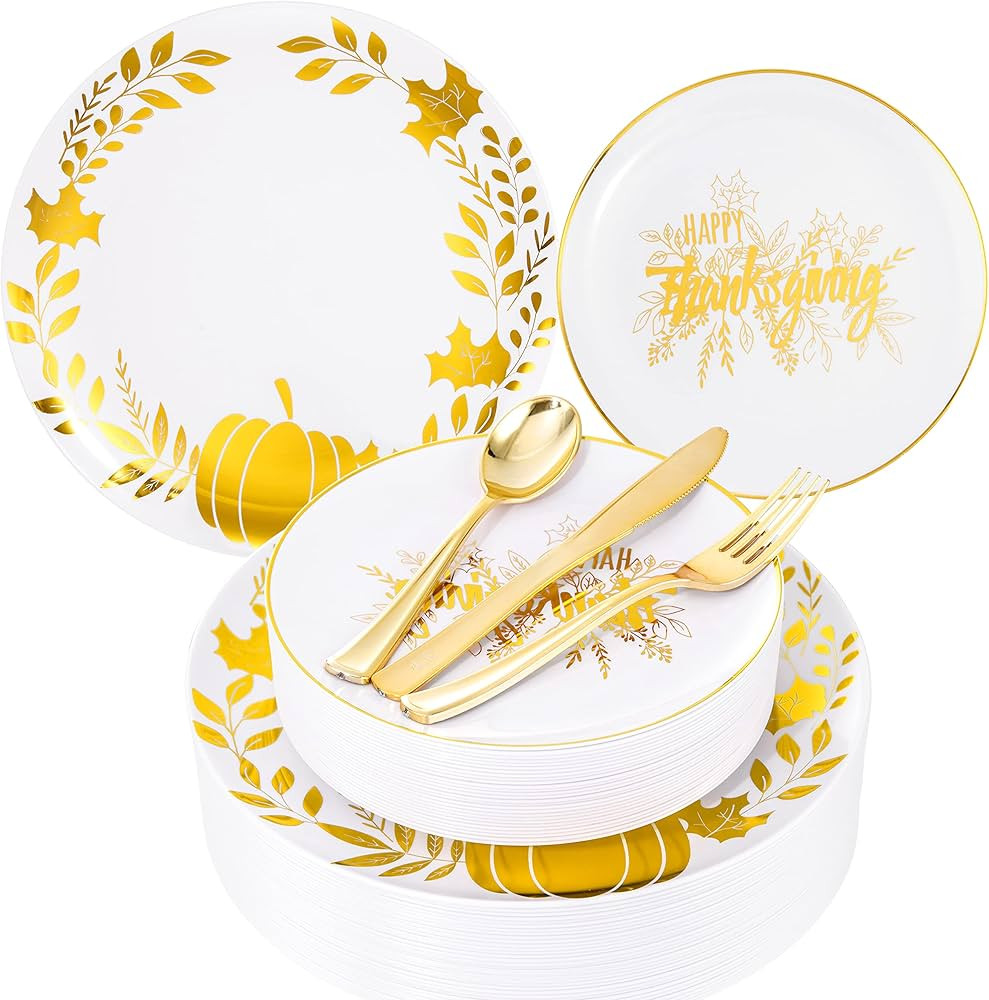 Ciaell 125PCS Thanksgiving Plastic Plates - White and Gold Plastic Plates & Gold Plastic Silverwa... | Amazon (US)