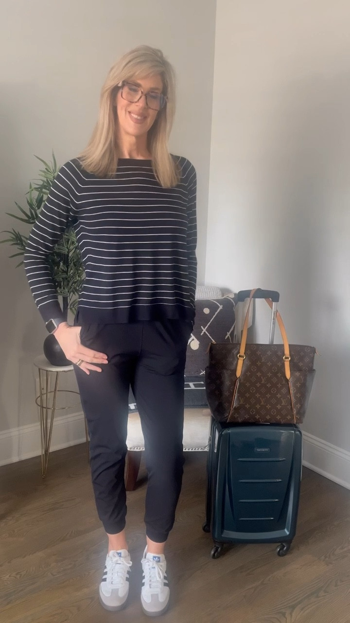 Travel days must be comfy ✈️ 

This is my go to travel outfit starting with high waisted joggers (size 6) + a lightweight black and white sweater (size small).  

I added two layering pieces - first, this denim tailored blazer with a slight pouf at the shoulder (size small) and a black coatigan (size small).  Both of these pieces can be added to outfits I’ve packed and make great layering options 🤗 

Sambas run true to size.  

Thanks for stopping by 🤗 

#LTKover40 #LTKstyletip #LTKfindsunder100