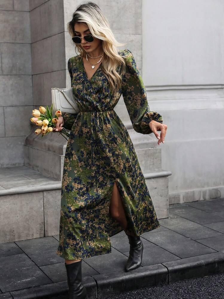 SHEIN Clasi Women's Fall Floral Print V-Neck Lantern Sleeve Dress, For Vacation Maxi Women Outfit | SHEIN