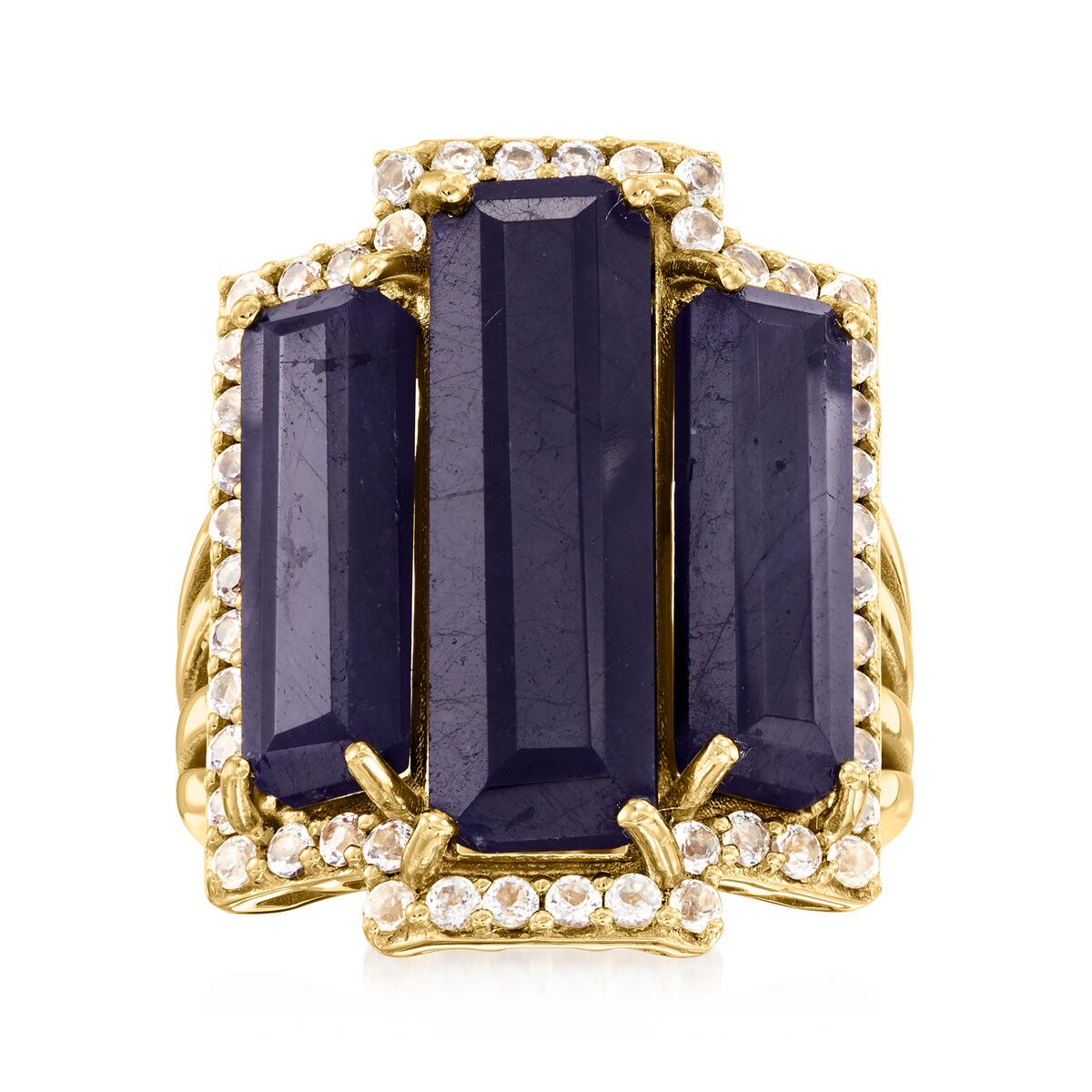 14.00 ct. t.w. Sapphire Three-Stone Ring with .80 ct. t.w. White Topaz in 18kt Gold Over Sterling | Ross-Simons