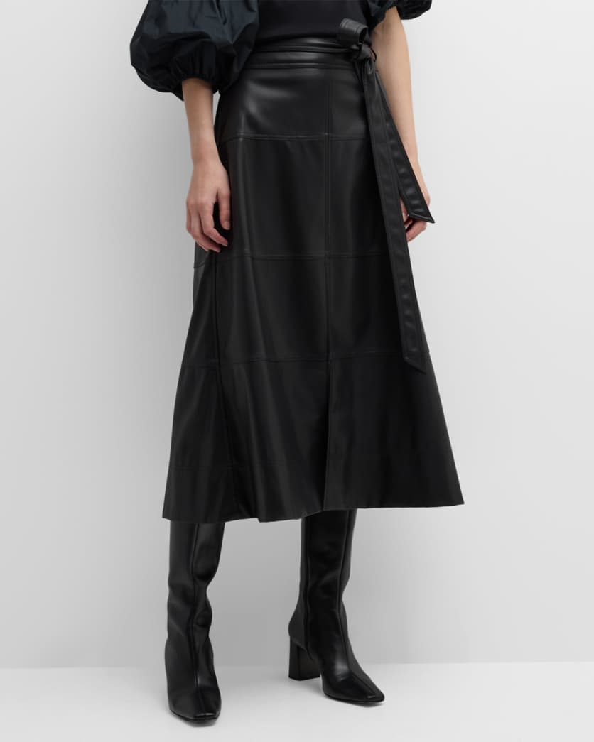 Hudson Faux Leather Belted Tiered Seam Midi Skirt | Neiman Marcus