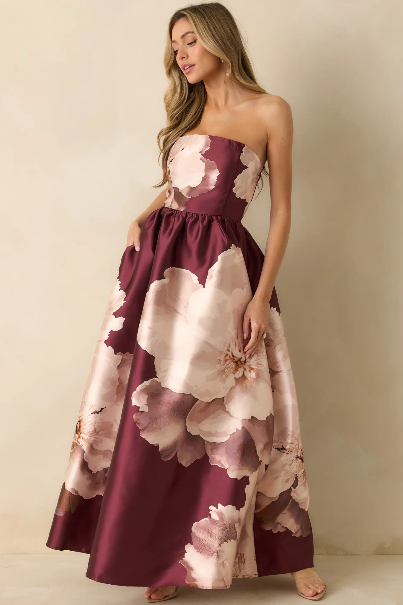 Simply Breathless Burgundy Floral Print Strapless Maxi Dress | Red Dress
