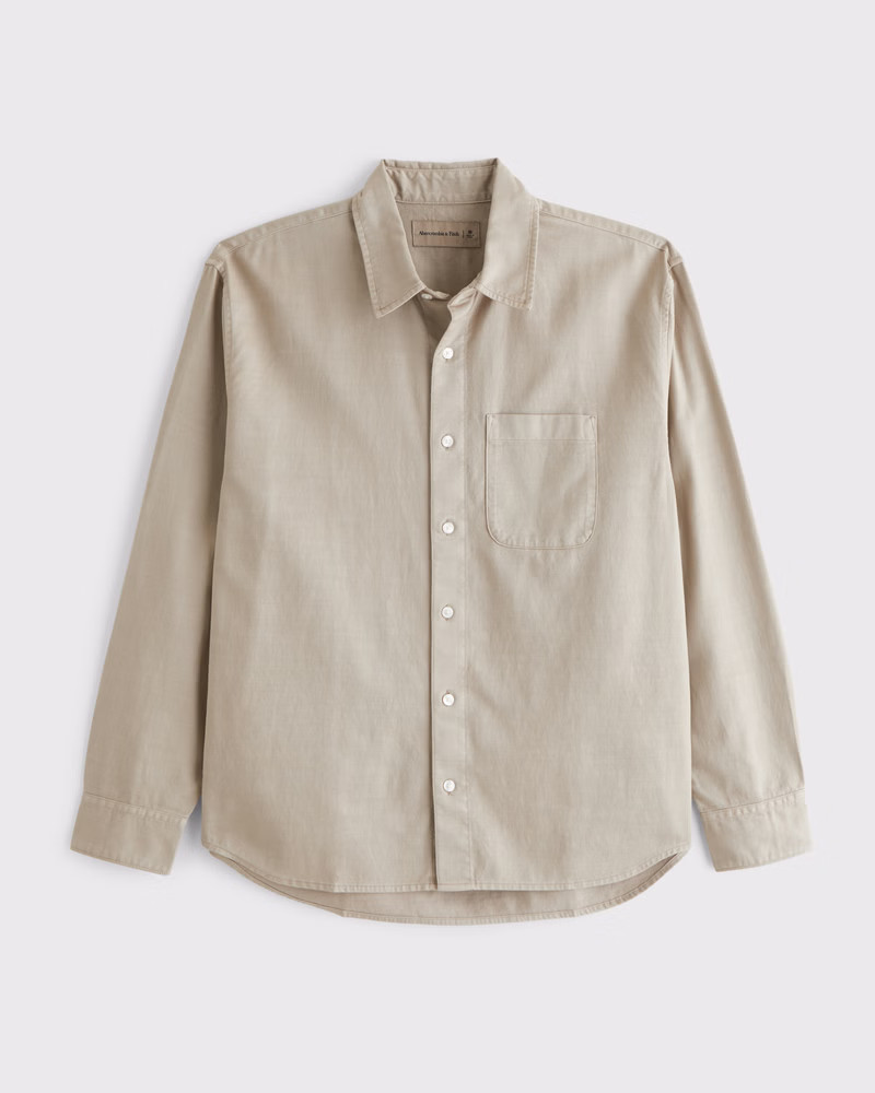 Abercrombie & Fitch Men's Long-Sleeve Garment Dye Button-Up Shirt in Taupe - Size XXL TALL | Abercrombie & Fitch (US)