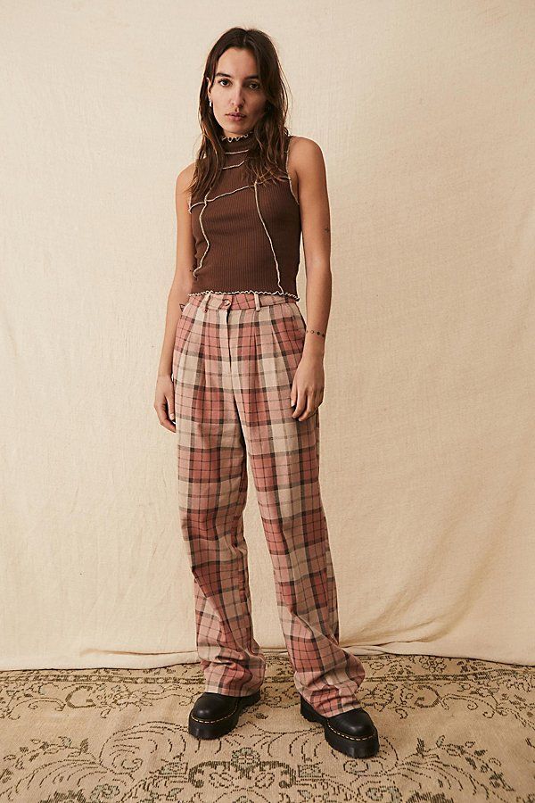 UO Erica Pink Plaid Puddle Pant | Urban Outfitters (US and RoW)