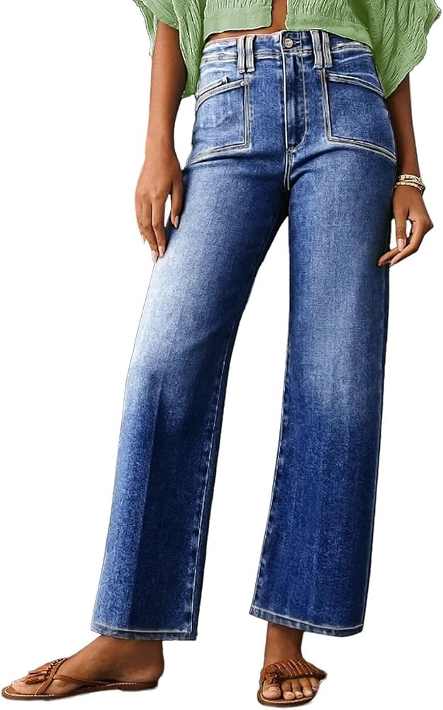 Astylish Womens Wide Leg Jeans High Waisted Stretchy Buttoned Denim Pants Trendy 2025 with Pocket | Amazon (US)