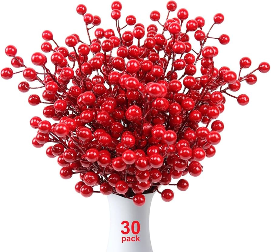 30 Pack Artificial Red Berry Stems, 8.2 Inch Christmas Berry Picks Holly Berries Branches for Chr... | Amazon (US)