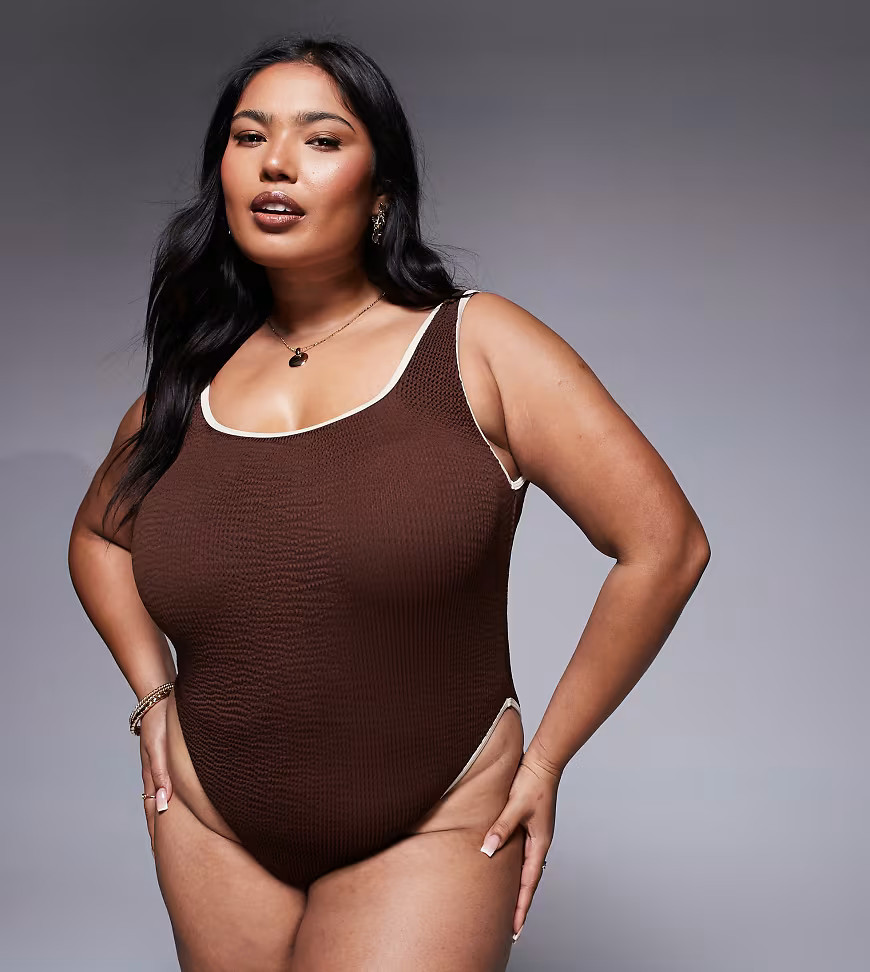 Moda Minx Curve contrast binding swimsuit in brown | ASOS (Global)