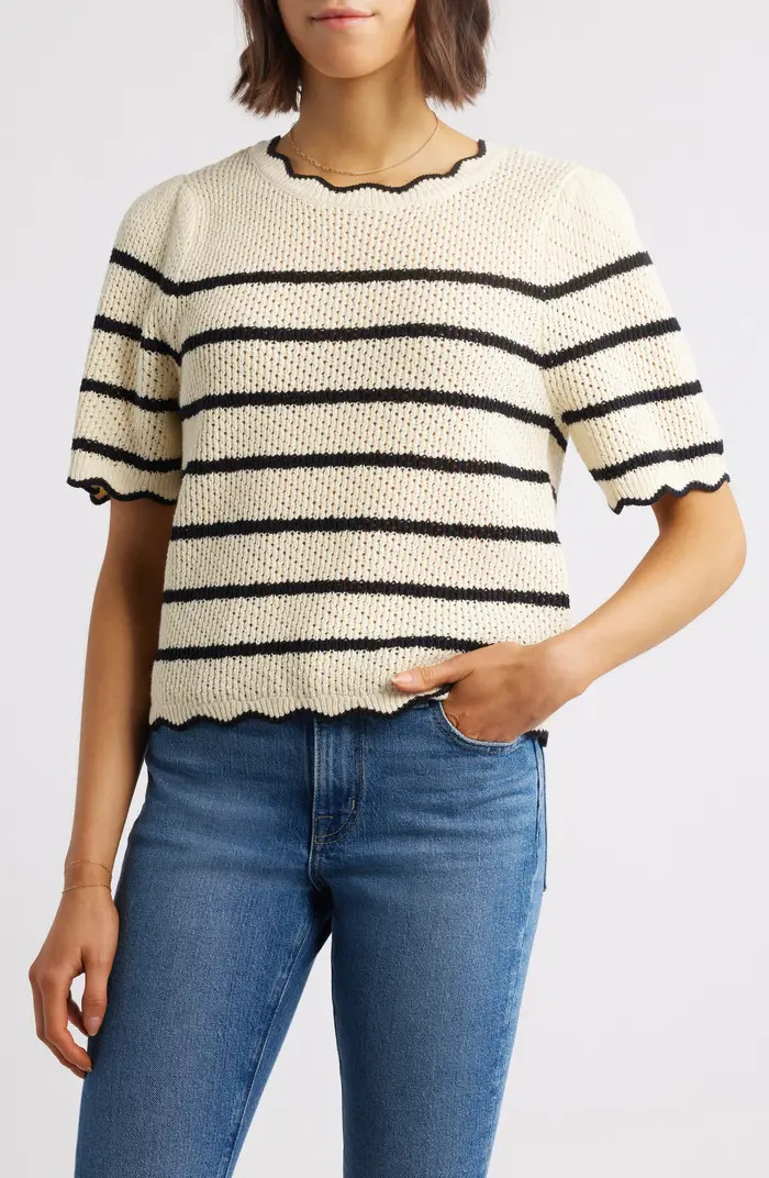 Stripe Scallop Edge Short Sleeve Sweater | Nordstrom
