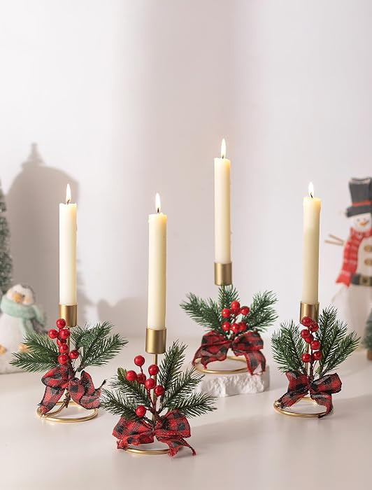 Romadedi Candle Holders Christmas Decor: Gold Candlestick Holder for Taper with Red Berry Decorat... | Amazon (US)