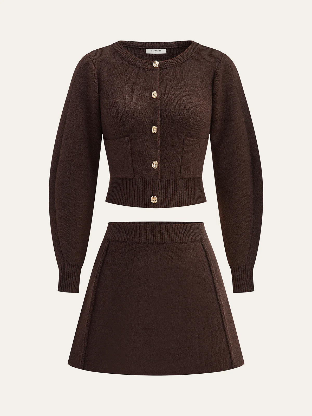 Lamb Sleeve Metal Button Knit Top and Skirt Set | Commense