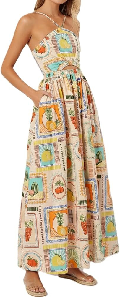 Kuraki Women's Classy Maxi Print Halter Dress with Pockets | Amazon (US)