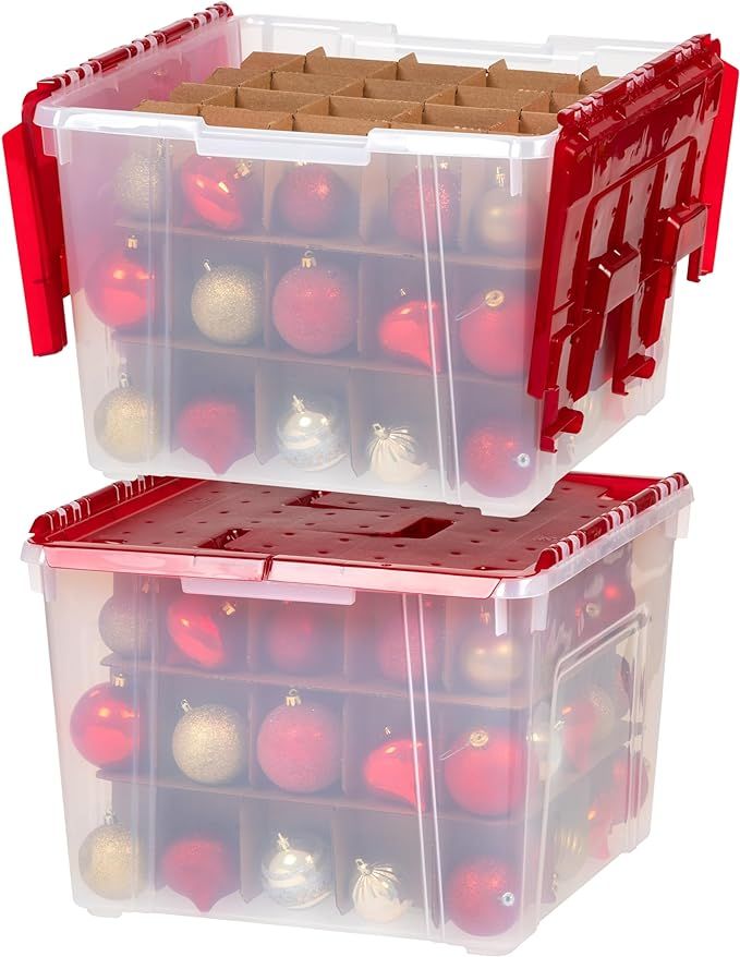 IRIS USA 2Pack 60Qt. Plastic Clear Ornament Storage Box with Hinged Lid and Dividers, Clear/Red | Amazon (US)