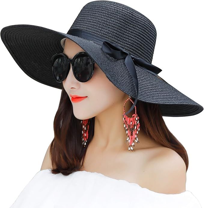 Muryobao Women Wide Brim Straw Sun Hat Floppy Foldable Roll up Cap Beach Summer Hats UPF 50+ | Amazon (US)