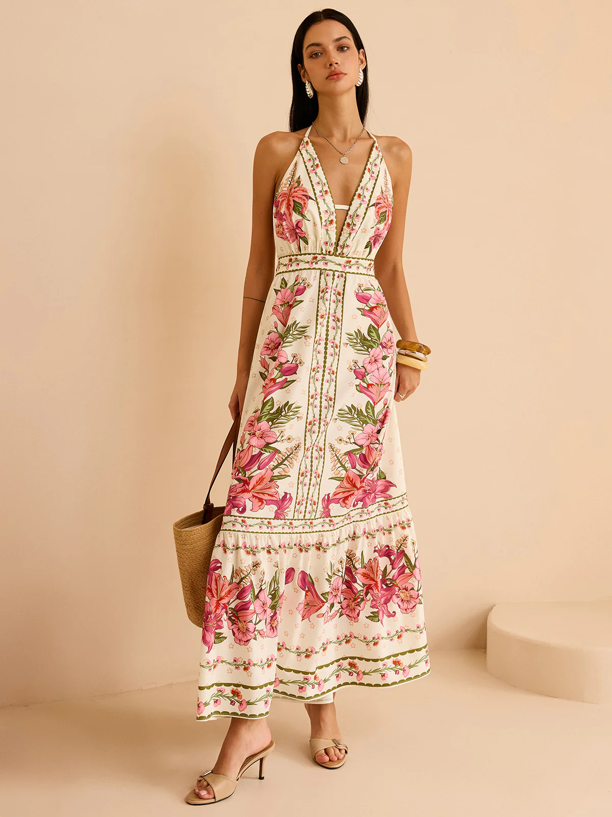 Floral Print Halter Backless Maxi Dress | Commense