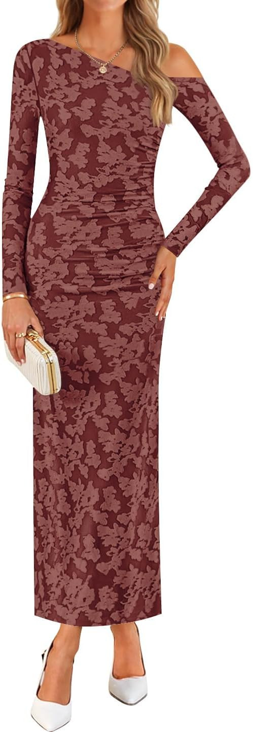 ZESICA Women's Fall Floral Off Shoulder Bodycon Maxi Dresses 2025 Long Sleeve Ruched Elegant Cock... | Amazon (US)