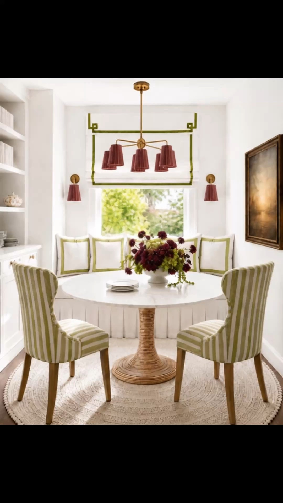 How about lunch here? ☀️

This kitchen breakfast nook feels relaxed, polished, and ready to transition beautifully into fall. The coiled pedestal dining table is such a standout—the sculptural wrapped base, layered coil detailing, organic texture, and marble top give the room warmth while still feeling refined.

The chandelier is another star of the space. Its pleated shades and warm brass structure bring in that elegant transitional feeling, making the nook feel softer and more layered as we move from summer into fall. Paired with the green striped dining chairs, tailored Roman shade, coordinating pillows, woven rug, floral arrangement, sconces, and artwork, the entire space feels modern classic, organic, and effortless.

With the Labor Day Sale offering select pieces up to 40% off, it’s a great opportunity to shop dining tables, dining chairs, chandeliers, sconces, Roman shades, rugs, pillows, artwork, tableware, and more for the season ahead.

#BreakfastNook #KitchenNook #LunchAtHome #DiningTable #PedestalDiningTable #MarbleDiningTable #CoiledDiningTable #DiningChair #StripedDiningChair #RomanShade #Chandelier #DiningRoomChandelier #WallSconce #LightingDesign #Artwork #WallArt #AreaRug #ThrowPillow #Tableware #DiningRoomDecor #OrganicModern #ModernClassic #TransitionalStyle #FallTransition #RelaxedElegance #LaborDaySale #HomeDecor #DiningRoomInspiration #LTKHome #LTKSaleAlert

#LTKSeasonal #LTKHome #LTKSaleAlert