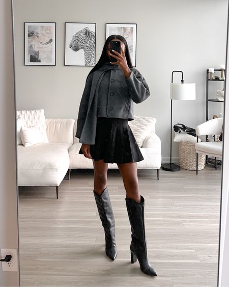 Grey coat (wearing xs), wool blend jacket, black pleated skirt, black knee high boots (very comfy and fit is TTS), fall style, fall fashion, fall outfit, neutral style  

#LTKSale #LTKshoecrush #LTKSeasonal