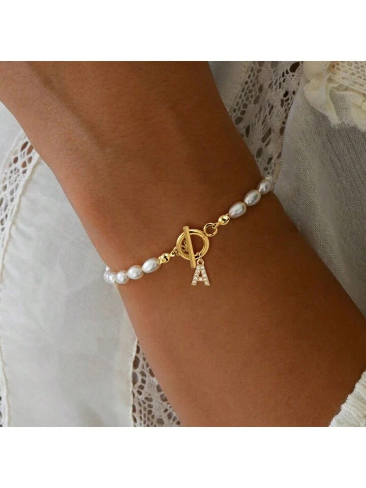 1pc New Initial Pendant Toggle Clasps Beaded Bracelet For Women Party | SHEIN
