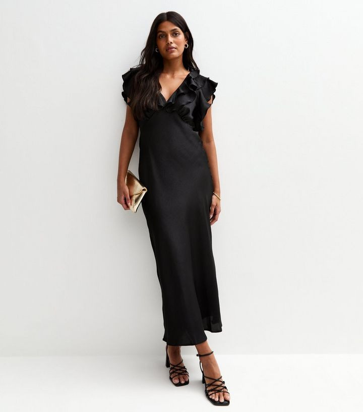 Black Crinkled Satin Ruffled Midi Dress | New Look | New Look (UK)