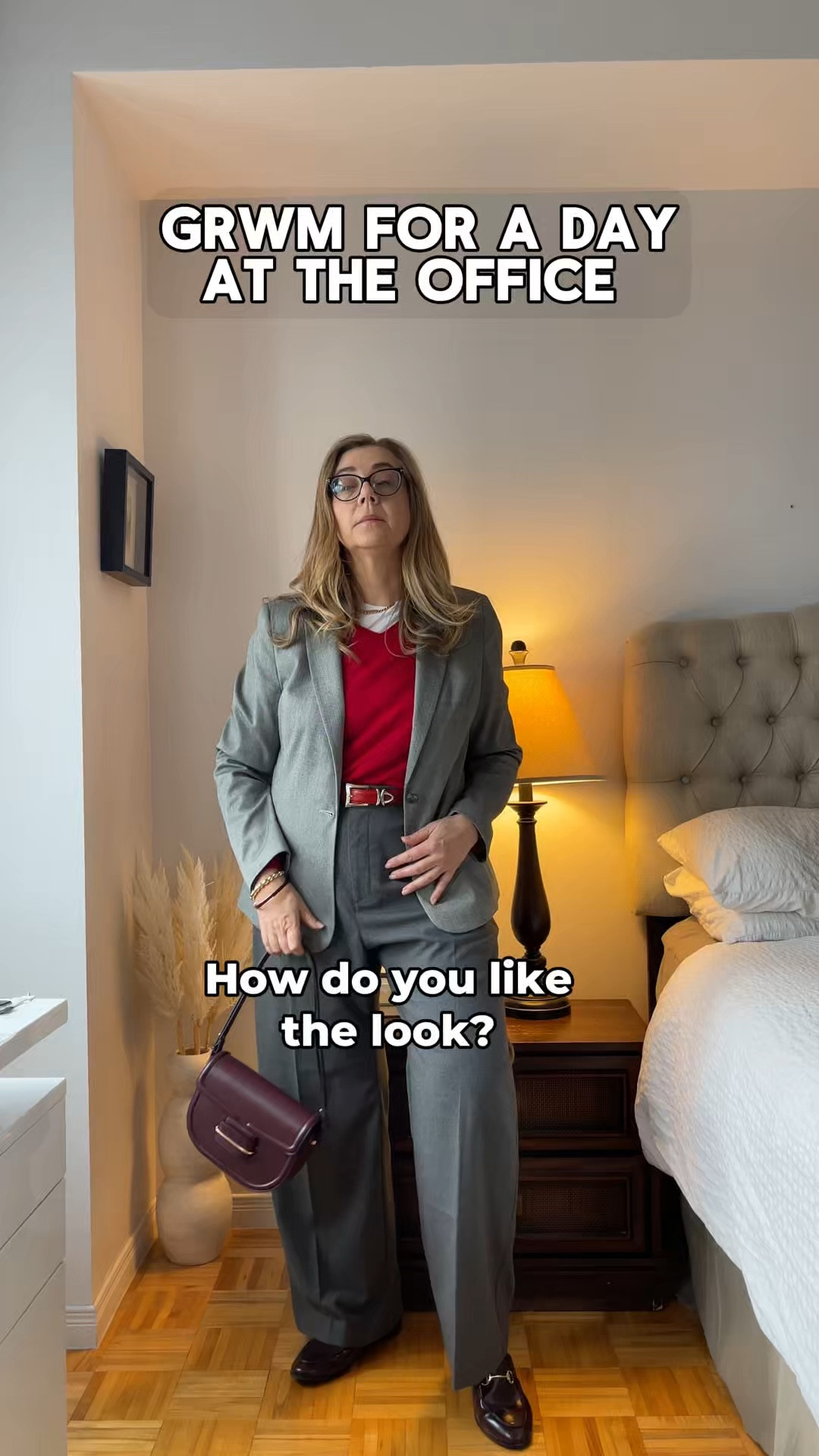 Don’t know what to wear to office? 
Try this timeless combo of grey wide pants and grey blazer paired with red sweater and accessories. Don’t forget to wear a white tee under and make sure it picks out for modern look. Save for inspiration and share with a friend.

#LTKautumn #LTKwinter #LTKworkwear