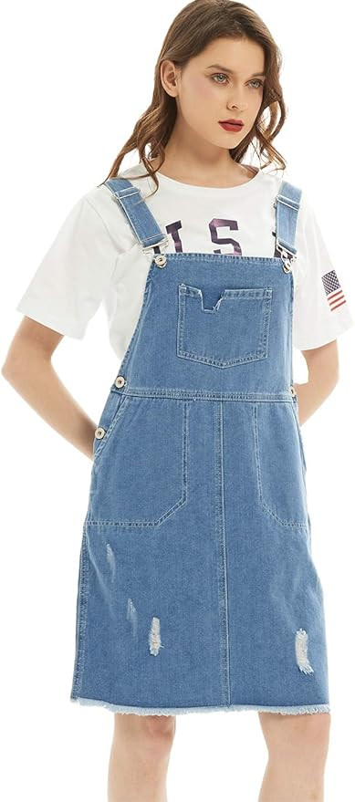 Anna-Kaci Junior Womens Distressed Short Overall Denim Dress Bib Pinafore Jumper | Amazon (US)