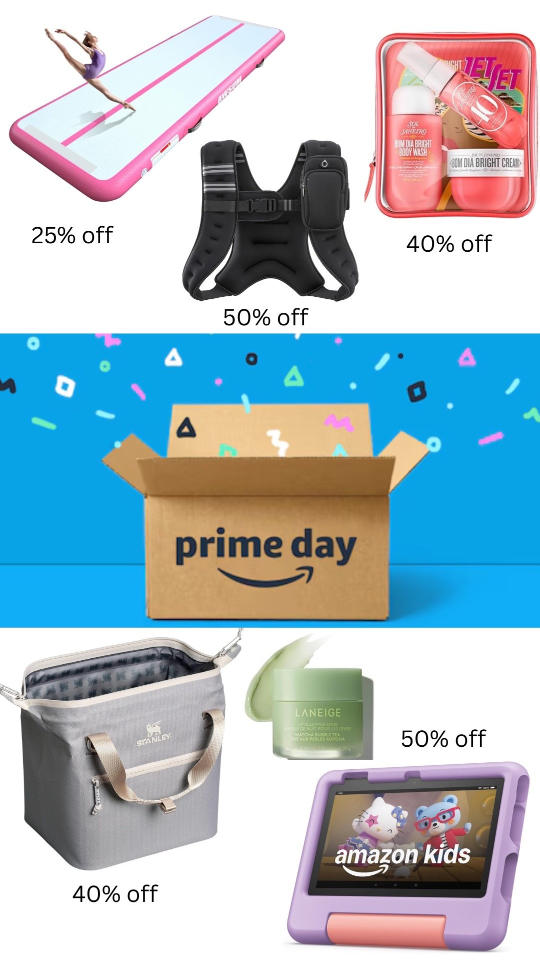 Best prime day deals: weighted workout vest, gymnastics tumble track mat, sol de janiero travel set, Stanley bag and cooler, Laniege lip mask, kids kindle fire all on sale for Amazon prime day

#LTKKids #LTKSaleAlert #LTKmorningroutine