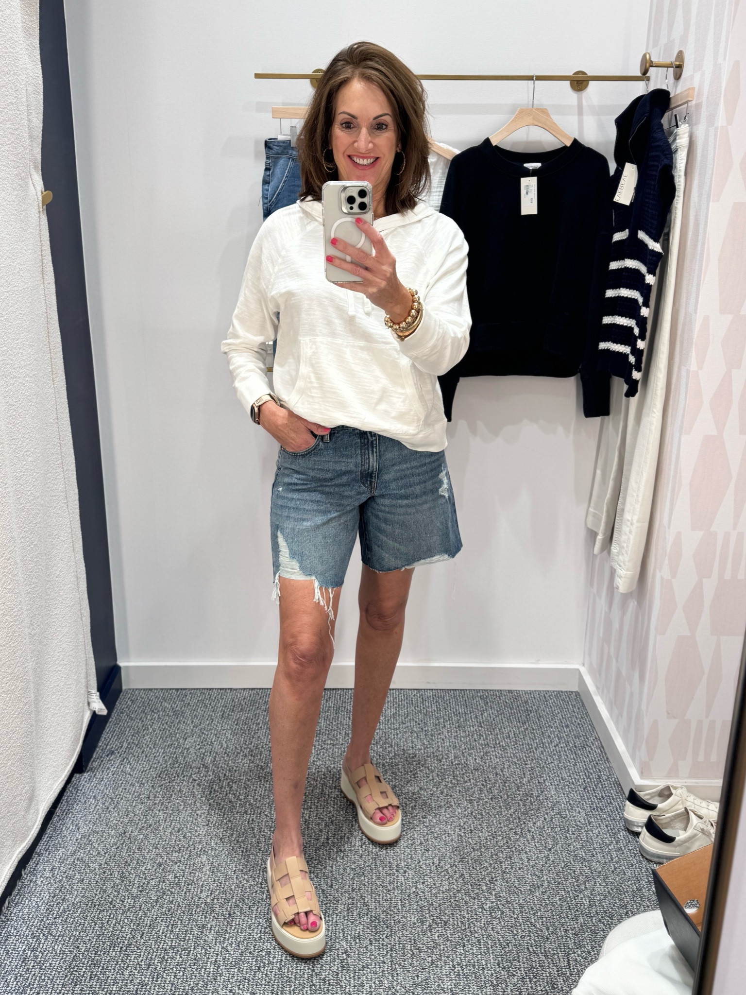 Wide leg Denim Shorts 
I sized down to a 6.  Usually an 8 
These are 90’s style. No stretch

Love this hoodie. Wearing size large

Cutest sandals - 10

#LTKshoecrush #LTKover40 #LTKstyletip