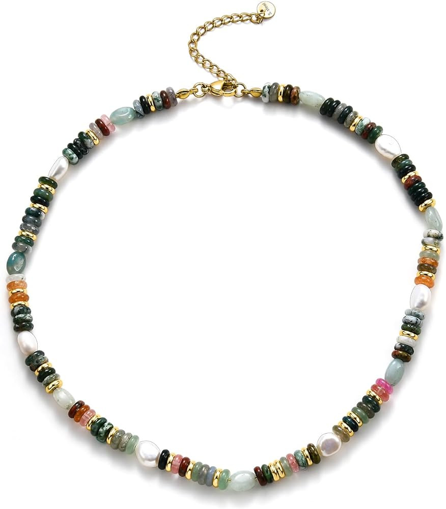 Qitian Beaded Gemstone Necklace for Women, Colorful Rainbow Boho Bead Choker Necklace Natural Sto... | Amazon (US)