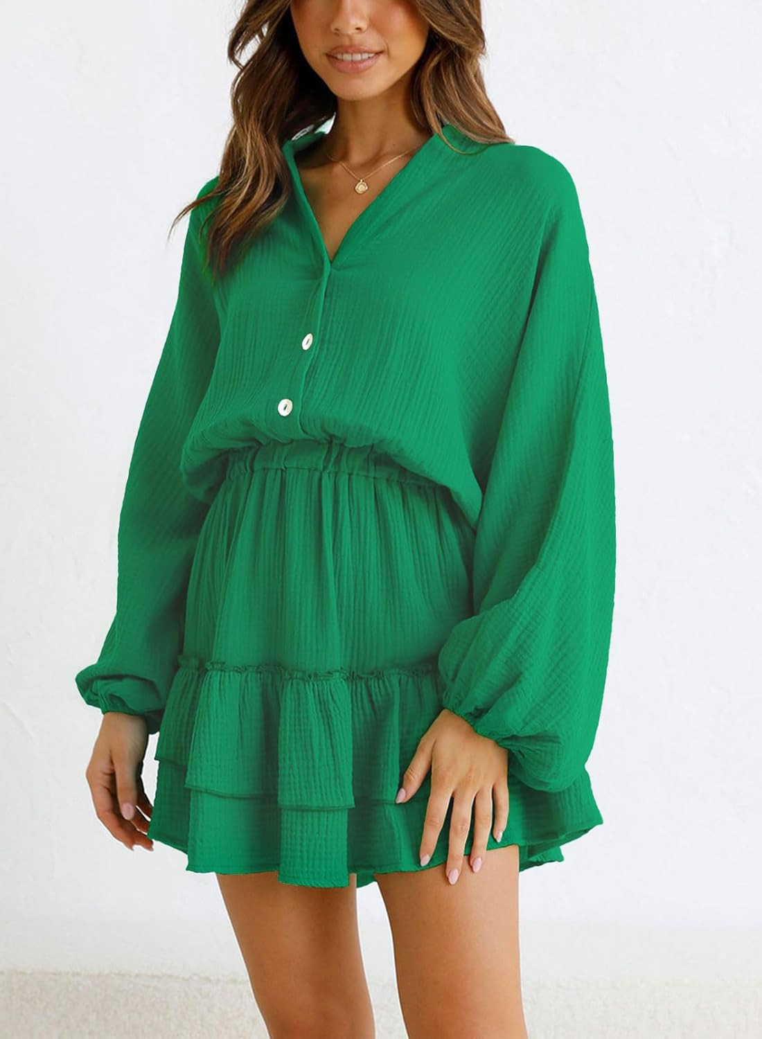 RAISECOM Women's Dress V Neck Long Lantern Sleeves Ruffle Tiered Solid Swing Mini Dress | Amazon (US)