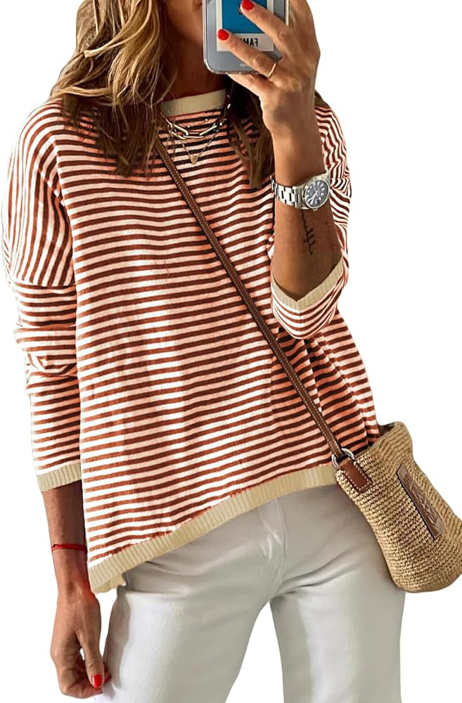 Dokotoo Women's Long Sleeve Sweaters Casual Crewneck Fashion Spring Striped Color Block Shirts Hi... | Amazon (US)