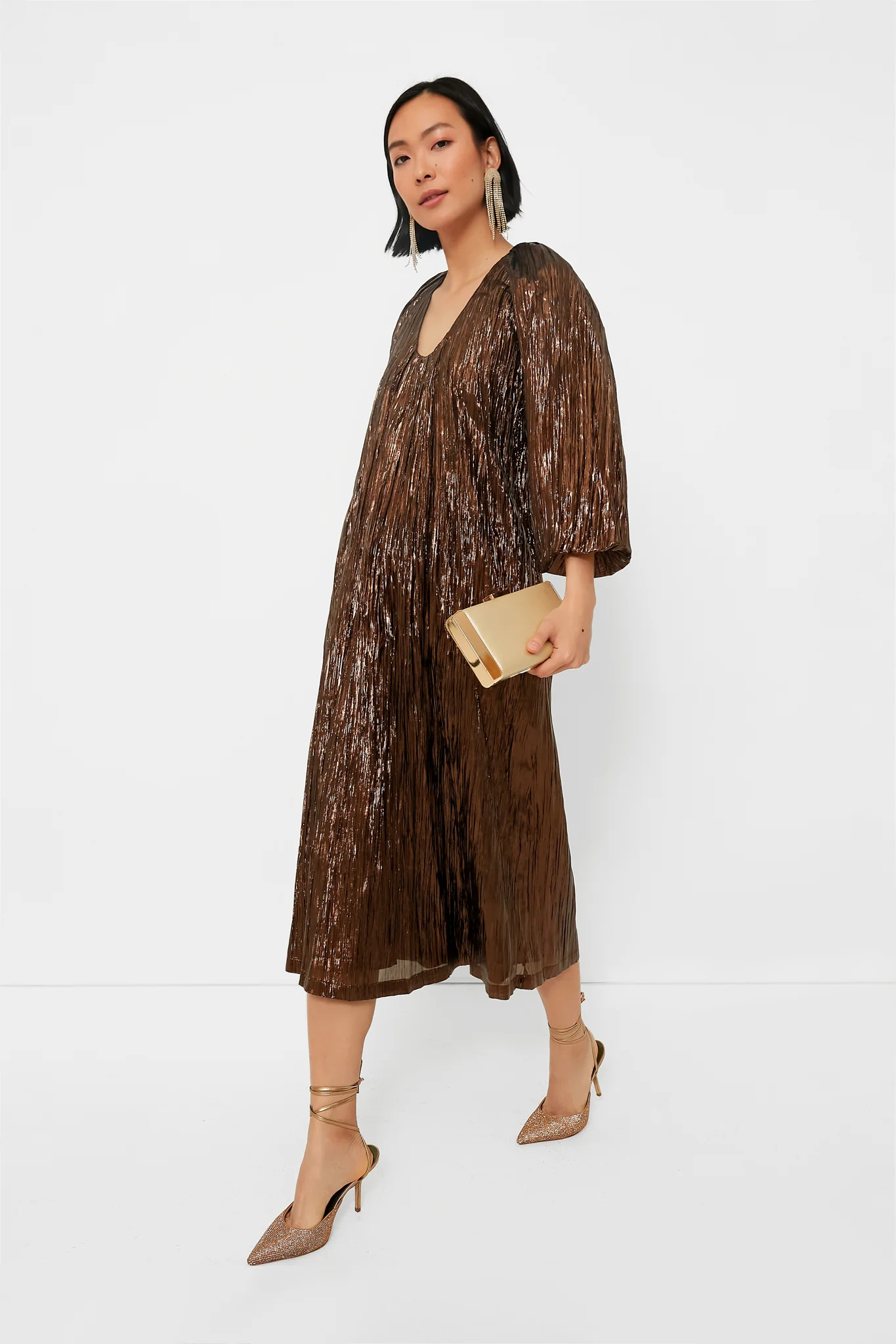 Bronze Metallic Plisse Dorinda Midi Dress | Tuckernuck (US)
