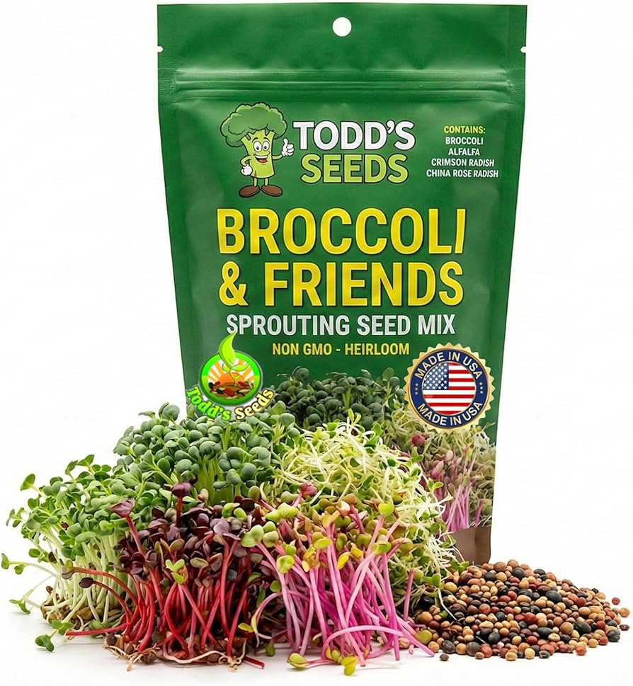 Todd's Seeds Broccoli and Friends Sprouting Seed Mix: Broccoli, Crimson Clover, Red Radish, Alfal... | Amazon (US)