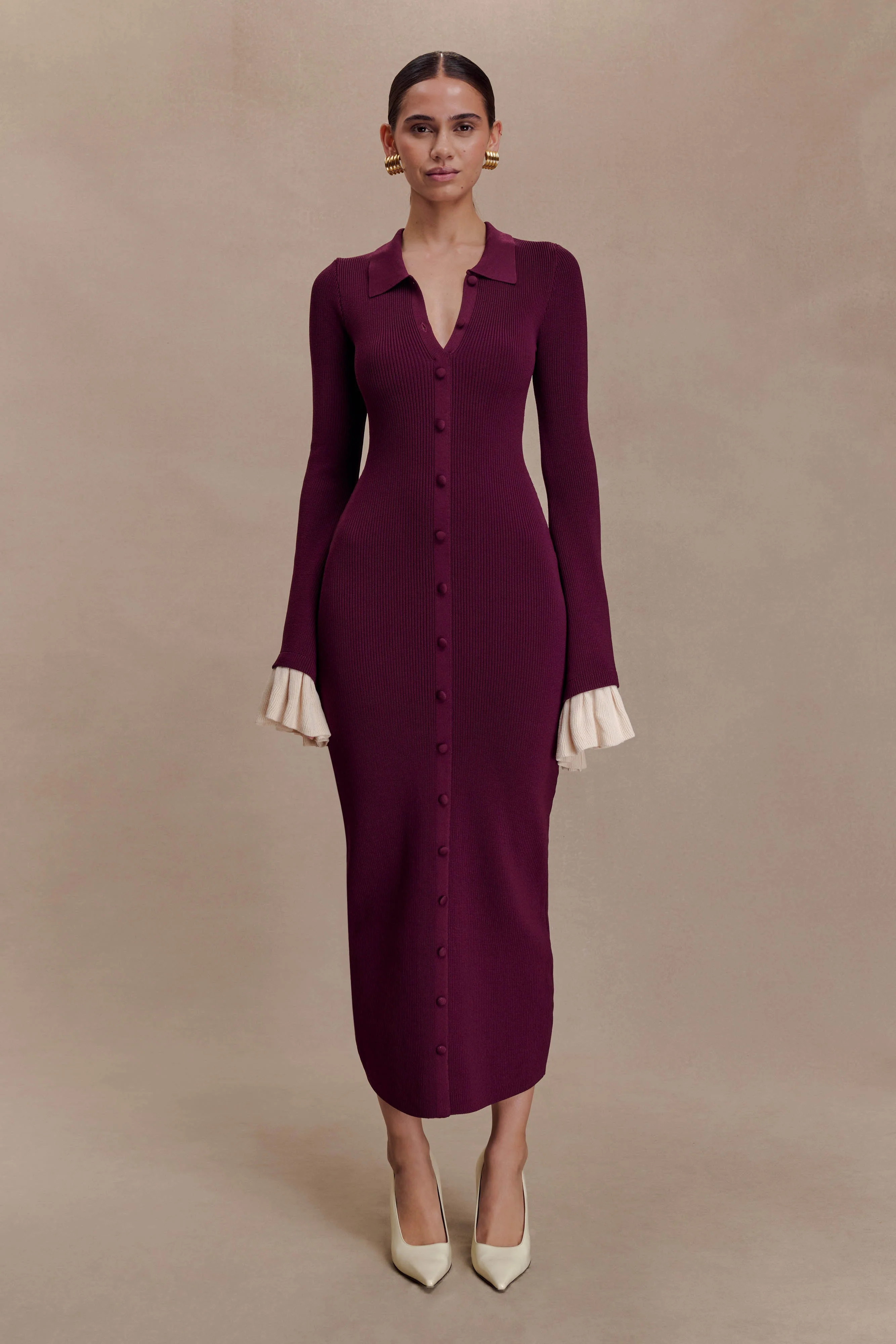 Amirose Ruffle Knit Midi Dress - Plum | MESHKI US