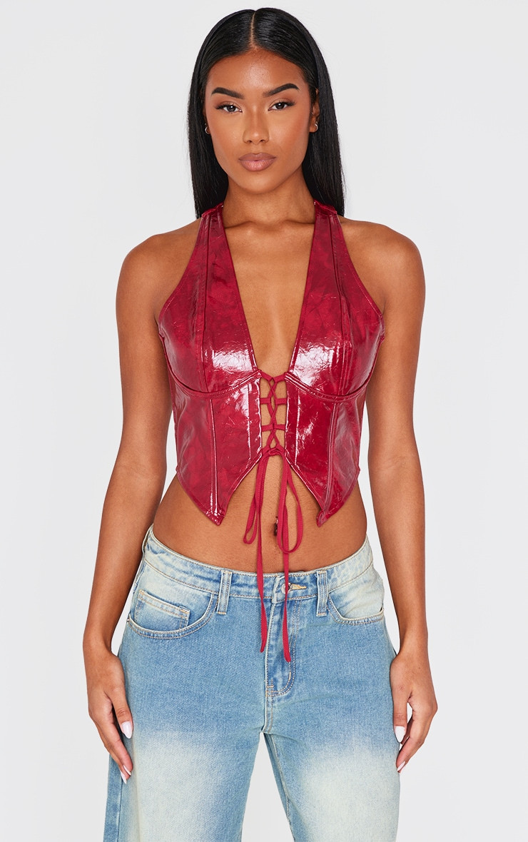 Burgundy Washed Faux Leather Lace Up Plunge Halterneck Top | PrettyLittleThing UK