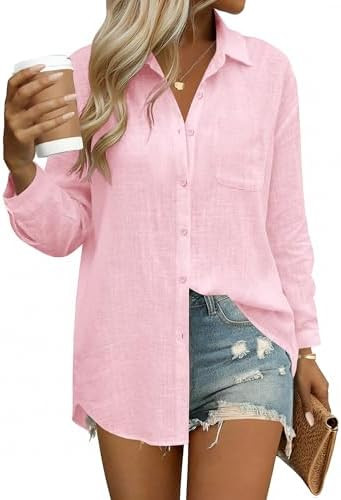 HOTOUCH Womens Button Down Shirts Linen Cotton Long Sleeve Blouses Casual Collared Loose Fit Gauz... | Amazon (US)