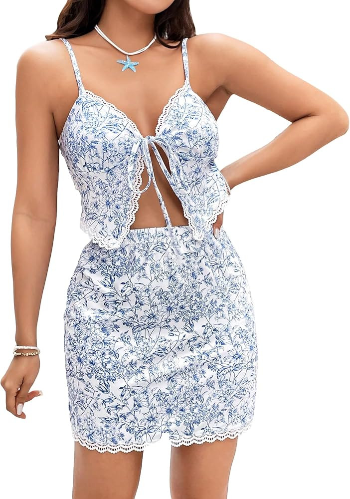 MakeMeChic Women's Floral Two Piece Outfits Sleeveless Tie Front Cami Tops Lace Trim Mini Skirts ... | Amazon (US)