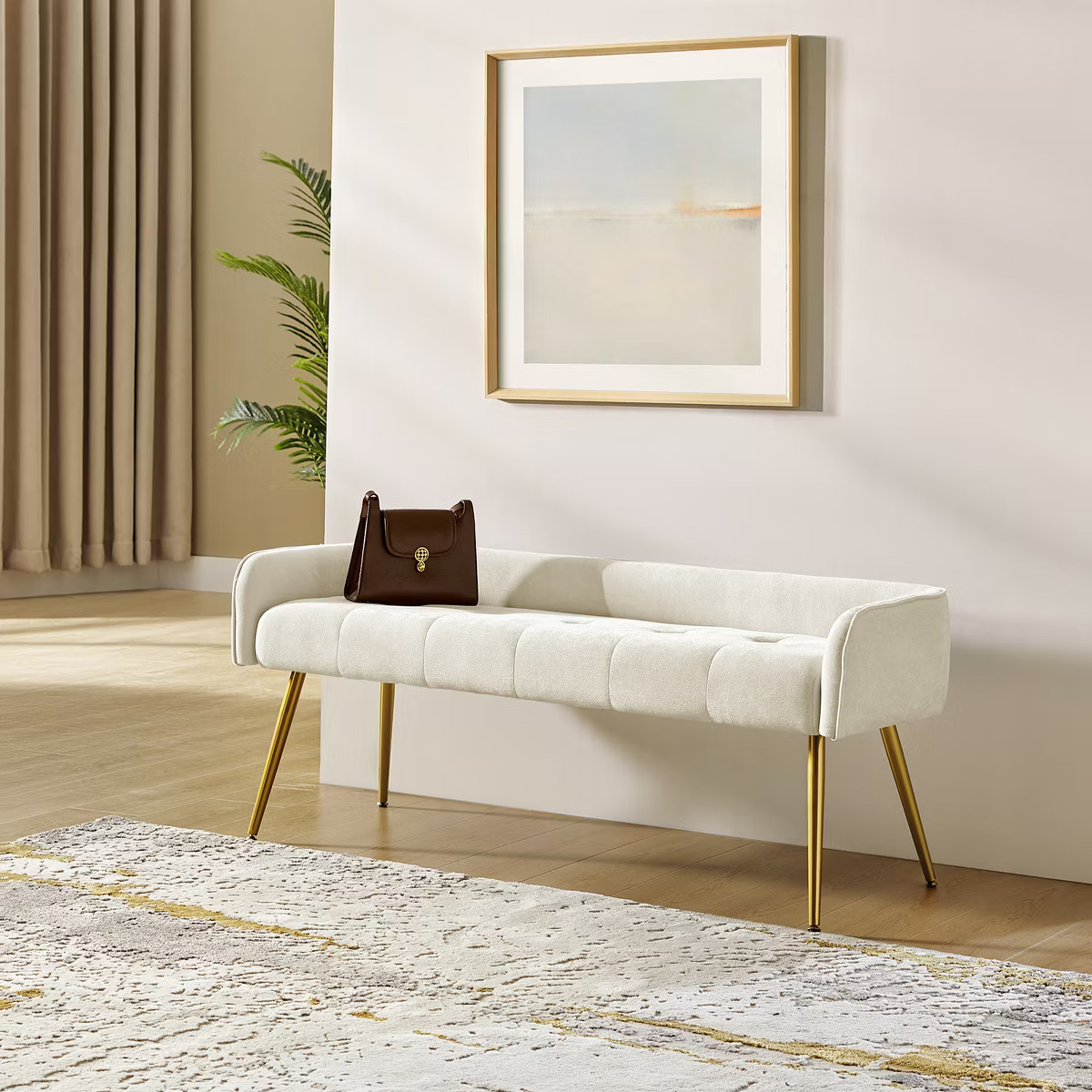Emilio Fall Modern 55.25" Wide Upholstered Low Back Bench with Sturdy Golden Metal Tapered Leg De... | Target