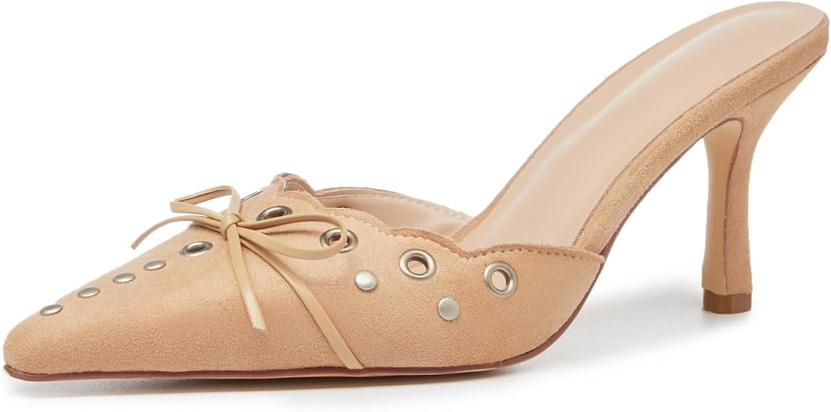 Kiwufoder Women Sandals Studded Bow Kitten Heels Faux Suede Fashion Dress Heeled Shoes | Amazon (US)