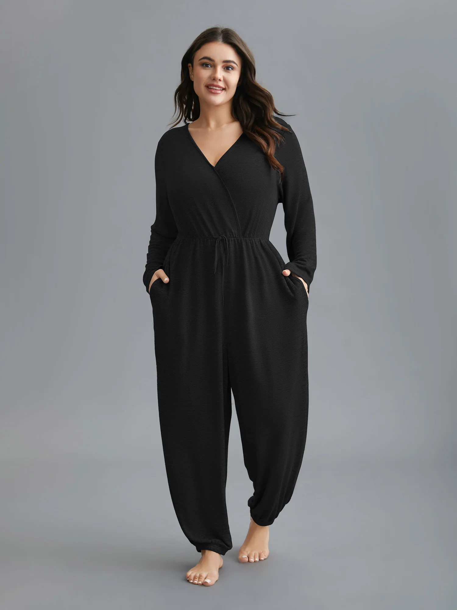 Elastic Waist Overlap Collar Lounge Jumpsuit | Bloomchic