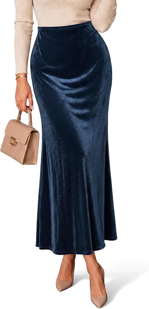 Cicy Bell Womens Velvet Maxi Skirt Fall High Waisted A-Line Long Skirts | Amazon (US)