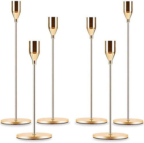 Gold Taper Candle Holder Set of 6, Brass Gold Tall Candlestick Holders, Metal Vintage Candle Stickers Long Holder Set, Pillar Decorative Candle Holder Fits 3/4 Inch Candle | Amazon (US)