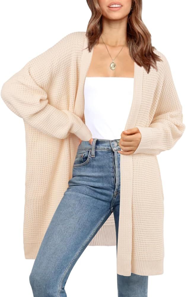Oversized Cardigan Sweaters for Women Open Front Waffle Knit Chunky Sweater Long Sleeve Winter Coat  | Amazon (US)